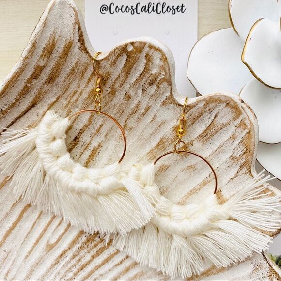 Boho Macrame Tassel Drop Hoop Earrings NWT - Picture 2 of 4